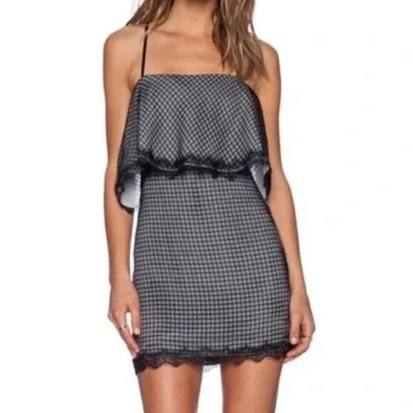 NBD Revolve Mini Dress Gray Windowpane Tiered Lace Strappy Whimsygoth Medium - Picture 1 of 8